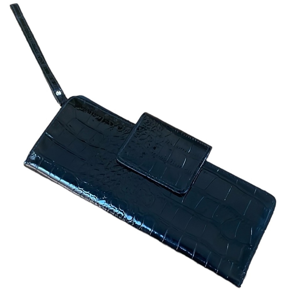 Black Clutch Wristlet Wallet Alligator Crocodile Type Print ID Bill Coin Card